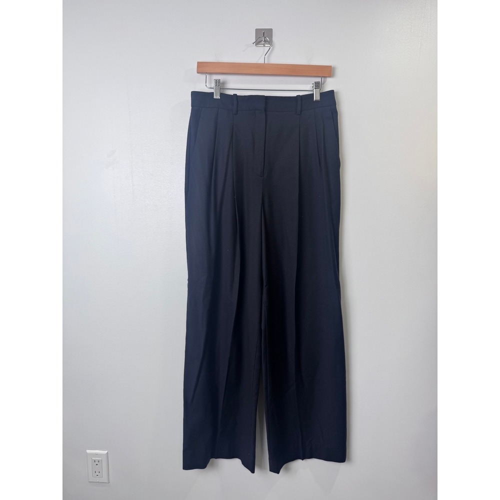Theory Women Navy Blue DBL Pleat Pant N Sleek Flannel Wide Leg Pant Trousers 8